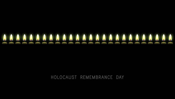 illustrazioni stock, clip art, cartoni animati e icone di tendenza di candele accese su sfondo nero. giornata della memoria dell'olocausto ebraico e dell'eroismo - auschwitz