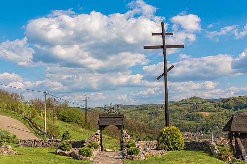 Krupanj, Serbia - April 19, 2019: Nature panorama seen from the courtyard of the Serbian Orthodox Church