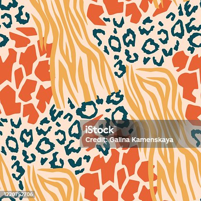 istock Mix animal skin prints. Leopard, tiger, giraffe and zebra seamless pattern. 1220752706