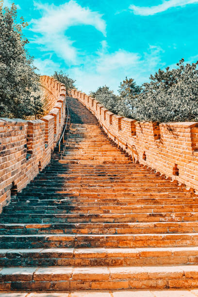 escalera de piedra de la gran muralla china, sección "mitianyu". - jiankou fotografías e imágenes de stock