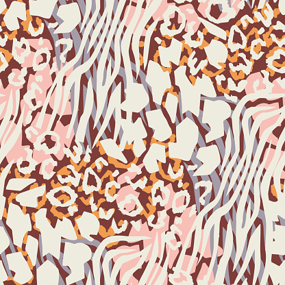 Mix animal skin prints. Leopard, tiger, giraffe and zebra seamless pattern. Textile and fabric fashion design.