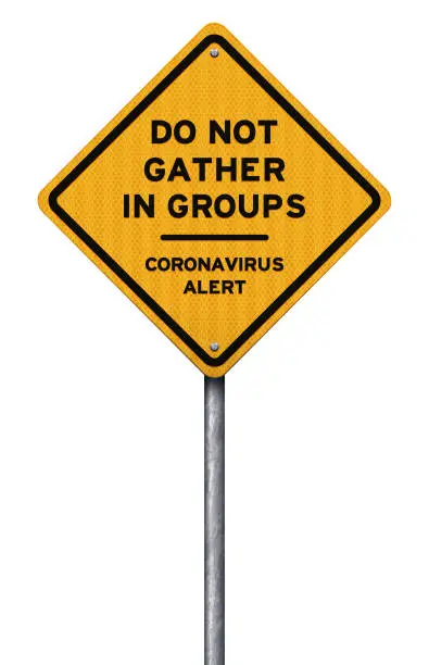 Vector illustration of Yellow social distancing coronavirus warning sign with metallic post