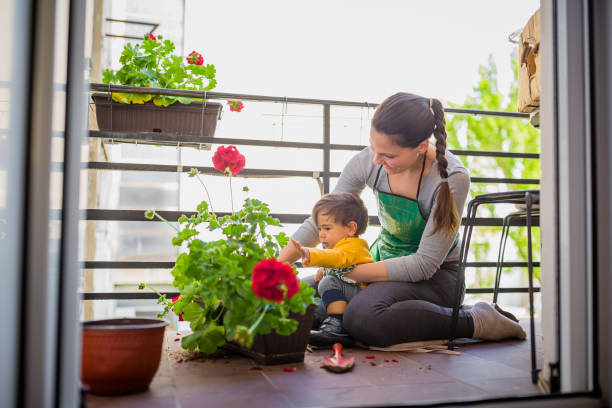 la mère prend soin de ses fleurs à son balcon à la maison - baby toddler child flower photos et images de collection