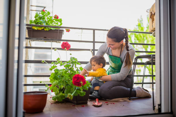 mamãe está cuidando de suas flores na varanda de sua casa. - baby toddler child flower - fotografias e filmes do acervo