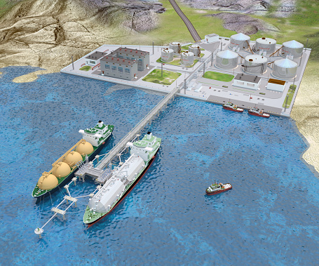 Seaport with the two Tanker ships, Tug boats, Berths, Overpass and the Shore platform. 3d-rendering