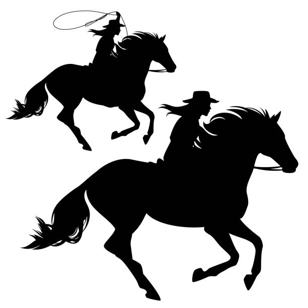 ilustraciones, imágenes clip art, dibujos animados e iconos de stock de vaquera con lazo cabalgando caballo negro vector silueta - cowboy hat hat wild west black
