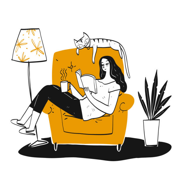 illustrazioni stock, clip art, cartoni animati e icone di tendenza di la donna che legge un libro - enjoying a novel
