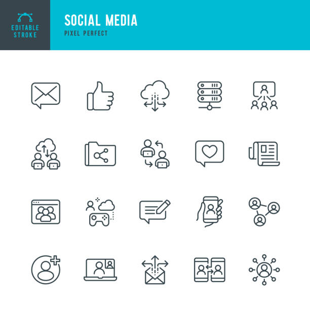 ilustrações de stock, clip art, desenhos animados e ícones de social media - thin line vector icon set. pixel perfect. editable stroke. the set contains icons: speech bubble, communication, friends, blogging, community, cloud computing, newspaper. - network icon