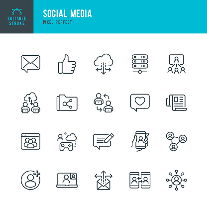 SOCIAL MEDIA - thin line vector icon set. 20 linear icon. Pixel perfect. Editable outline stroke. The set contains icons: Speech Bubble, Communication, Friends, Blogging, Community, Cloud Computing, Newspaper.