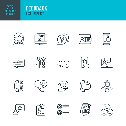 FEEDBACK - thin line vector icon set. 20 linear icon. Pixel perfect. Editable outline stroke. The set contains icons: Questionnaire, Feedback, Support, Thumb Up, Testimonial, Rating, Satisfaction.