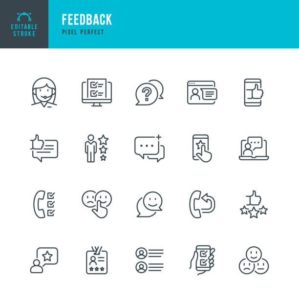 FEEDBACK - thin line vector icon set. Pixel perfect. Editable stroke. The set contains icons: Questionnaire, Feedback, Support, Thumb Up, Testimonial, Rating, Satisfaction. FEEDBACK - thin line vector icon set. 20 linear icon. Pixel perfect. Editable outline stroke. The set contains icons: Questionnaire, Feedback, Support, Thumb Up, Testimonial, Rating, Satisfaction. information medium stock illustrations