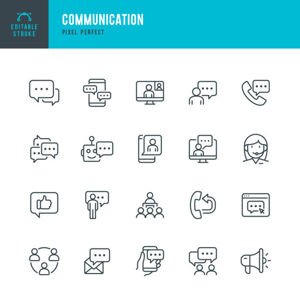 ilustrações, clipart, desenhos animados e ícones de comunicação - conjunto de ícones vetoriais de linha fina. pixel perfeito. traçado editável. o conjunto contém ícones: bolha de fala, comunicação, formulário de aplicativo, fale conosco, blogging, comunidade. - comunicação