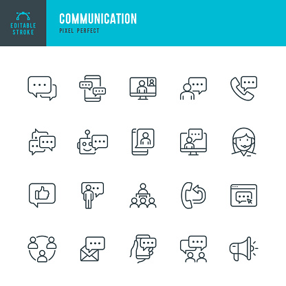 COMMUNICATION - thin line vector icon set. 20 linear icon. Pixel perfect. Editable outline stroke. The set contains icons: Speech Bubble, Communication, Application Form, Contact Us, Blogging, Community.