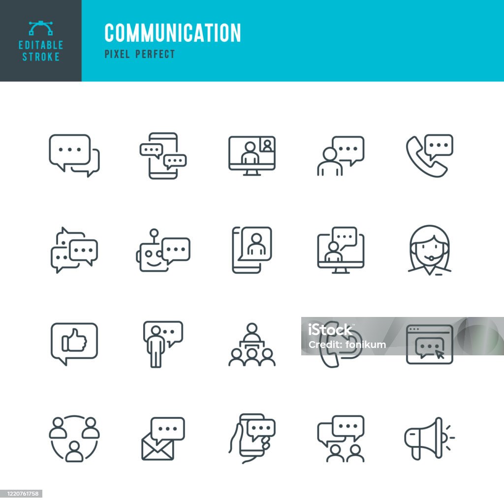 COMMUNICATION - thin line vector icon set. Pixel perfect. Editable stroke. The set contains icons: Speech Bubble, Communication, Application Form, Contact Us, Blogging, Community. COMMUNICATION - thin line vector icon set. 20 linear icon. Pixel perfect. Editable outline stroke. The set contains icons: Speech Bubble, Communication, Application Form, Contact Us, Blogging, Community. Icon stock vector