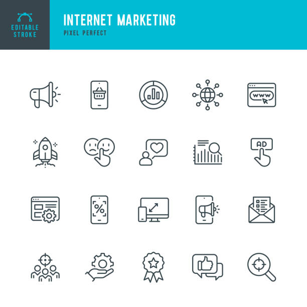 INTERNET MARKETING - thin line vector icon set. Pixel perfect. Editable stroke. The set contains icons: Online Shopping, Testimonial, Questionnaire, Megaphone, Rocket, Contented Emotion. INTERNET MARKETING - thin line vector icon set. 20 linear icon. Pixel perfect. Editable outline stroke. The set contains icons: Online Shopping, Testimonial, Questionnaire, Megaphone, Rocket, Contented Emotion, Digital Marketing. email campaign stock illustrations