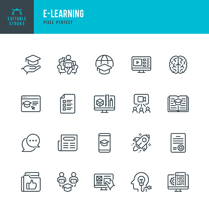 E - LEARNING - thin line vector icon set. 20 linear icon. Pixel perfect. Editable outline stroke. The set contains icons: E-Learning, Educational Exam, Rocket, Brain, Book, Portfolio, Certificate.