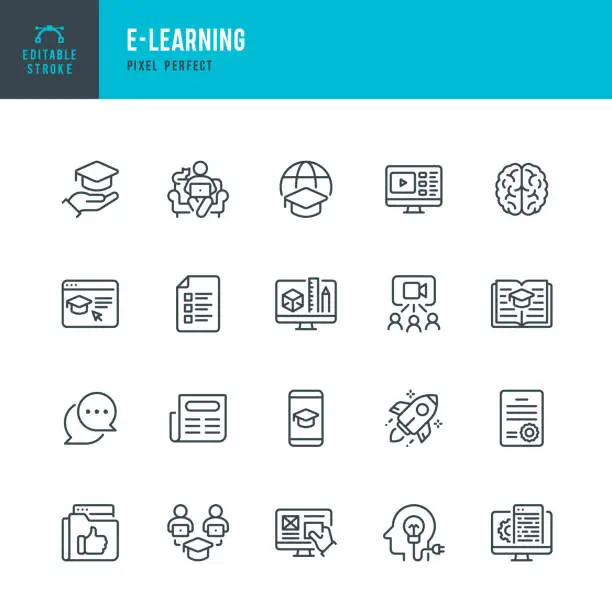 Vector illustration of E - LEARNING - thin line vector icon set. Pixel perfect. Editable stroke. The set contains icons: E-Learning, Educational Exam, Rocket, Brain, Book.