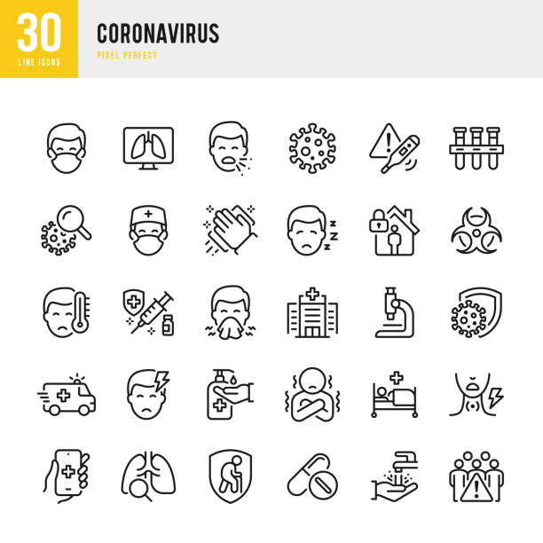 coronavirus - dünnlinien-vektor-symbol-set. pixel perfekt. das set enthält symbole: coronavirus, niesen, husten, arzt, fieber, quarantäne, erkältung und grippe, gesichtsmaske, impfung. - krankheit stock-grafiken, -clipart, -cartoons und -symbole