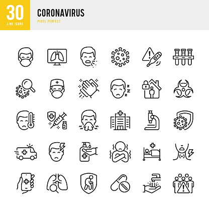CORONAVIRUS - thin line vector icon set. 30 linear icon. Pixel perfect. The set contains icons: Coronavirus, Virus, Sneezing, Coughing, Doctor, Fever, Quarantine, Headache, Cold And Flu, Face Mask, Washing Hands, Vaccination.