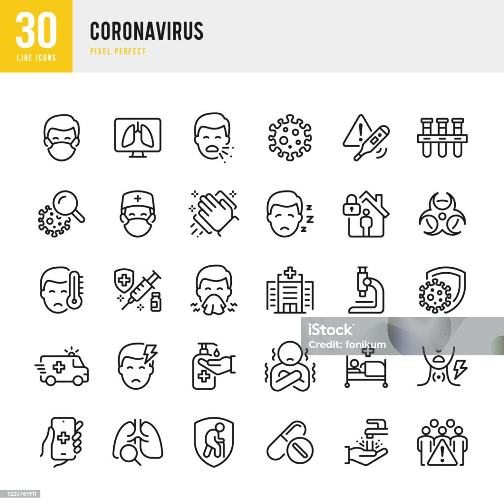 CORONAVIRUS - thin line vector icon set. Pixel perfect. The set contains icons: Coronavirus, Sneezing, Coughing, Doctor, Fever, Quarantine, Cold And Flu, Face Mask, Vaccination. CORONAVIRUS - thin line vector icon set. 30 linear icon. Pixel perfect. The set contains icons: Coronavirus, Virus, Sneezing, Coughing, Doctor, Fever, Quarantine, Headache, Cold And Flu, Face Mask, Washing Hands, Vaccination. Icon stock vector