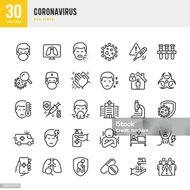 Coronavirus Thin Line Vector Icon Set Pixel Perfect The Set Contains Icons Coronavirus Sneezing Coughing Doctor Fever Quarantine Cold And Flu Face Mask Vaccination Stock Illustration - Download Image Now