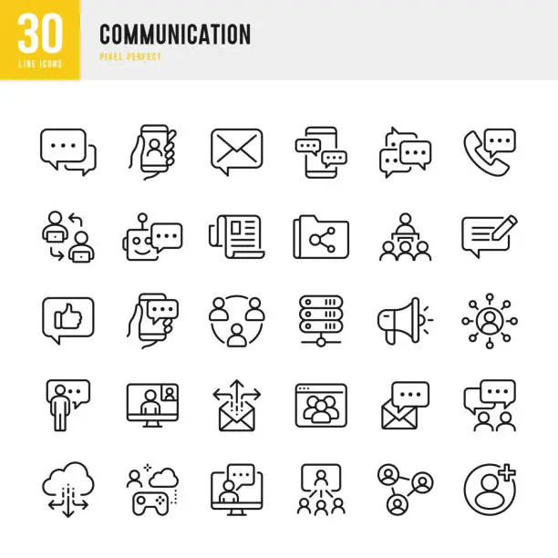 Vector illustration of COMMUNICATION - thin line vector icon set. Pixel perfect. The set contains icons: Speech Bubble, Communication, Application Form, Contact Us, Blogging, E-Mail, Telephone, Community.