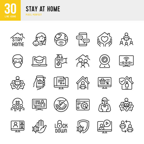 STAY AT HOME - thin line vector icon set. Pixel perfect. The set contains icons: Stay at Home, Social Distancing, Quarantine, Video Conference, Working At Home, E-Learning. STAY AT HOME - thin line vector icon set. 30 linear icon. Pixel perfect. The set contains icons: Stay at Home, Social Distancing, Quarantine, Video Conference, Working At Home, E-Learning, Family, Online Shopping. conceptual symbol stock illustrations