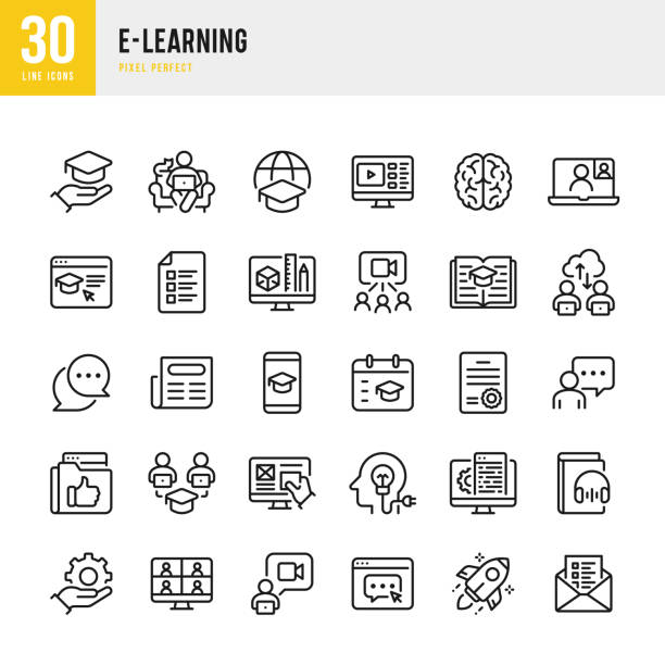 ilustrações, clipart, desenhos animados e ícones de e-learning - conjunto de ícones de vetor de linha fina. pixel perfeito. o conjunto contém ícones: e-learning, exame educacional, foguete, cérebro, livro. - brain case