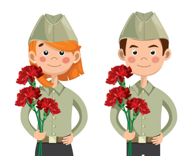 ilustraciones, imágenes clip art, dibujos animados e iconos de stock de un niño y una niña con el uniforme de un soldado soviético con flores en sus manos - war globe symbols of peace weapon