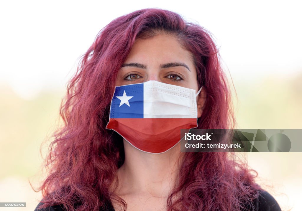 Face Mask with Chilean Flag Design A portrait of a young woman wearing a face mask with Chilean flag design because of new coronavirus (Covid-19) pandemic. Taken via medium format camera. Flag made in Adobe Illustrator CC Chile Stock Photo