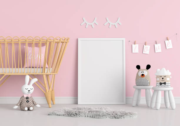 istock Blank photo frame for mockup in child room, 3D rendering 1220764451
