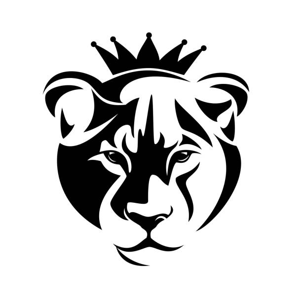 illustrations, cliparts, dessins animés et icônes de tête de lionne de reine avec le portrait de vecteur noir et blanc de couronne royal - lioness