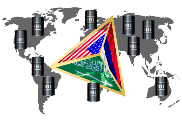 le concept du triangle d’or des effets de la production mondiale de pétrole : arabie saoudite, russie et etats-unis - impact arrow sign computer graphic energy photos et images de collection