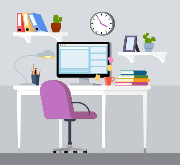 Workplace Design of modern home office designer workplace, homeschooling desk stock illustrations