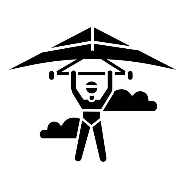 illustrations, cliparts, dessins animés et icônes de accrochez l’icône du glyphe de glisse. pilote de deltaglider volant. sport aérien extrême. cascade de parachutisme. vols d’adrénaline dans le ciel. tour de parapente. symbole de silhouette. espace négatif. illustration isolée de vecteur - skydiving parachute hang glider silhouette