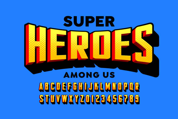 ilustraciones, imágenes clip art, dibujos animados e iconos de stock de fuente de estilo superhéroe de cómics - superhéroe