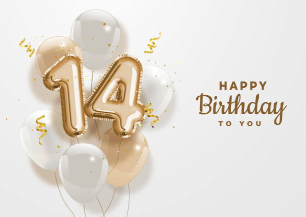 Happy 14th birthday gold foil balloon greeting background. Happy 14th birthday gold foil balloon greeting background. 14 years anniversary logo template- 14th celebrating with confetti. Vector stock. number 14 stock illustrations