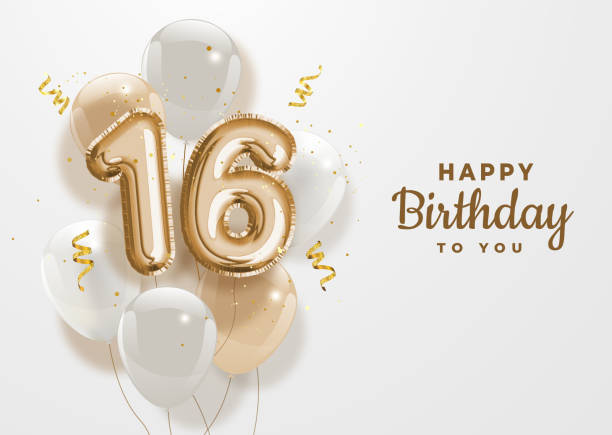 Happy 16th birthday gold foil balloon greeting background. Happy 16th birthday gold foil balloon greeting background. 16 years anniversary logo template- 16th celebrating with confetti. Vector stock. number 16 stock illustrations