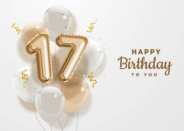 Happy 17th birthday gold foil balloon greeting background. Happy 17th birthday gold foil balloon greeting background. 17 years anniversary logo template- 17th celebrating with confetti. Vector stock. number 17 stock illustrations