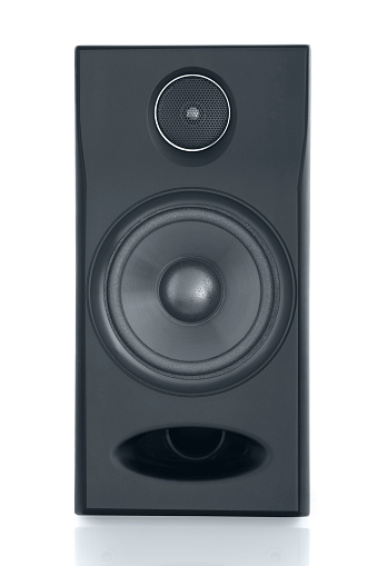 Front view of a 2-way Loudspeaker box system with a bass speaker and a tweeter, such a bass reflex opening in the front area, isolated on a white background