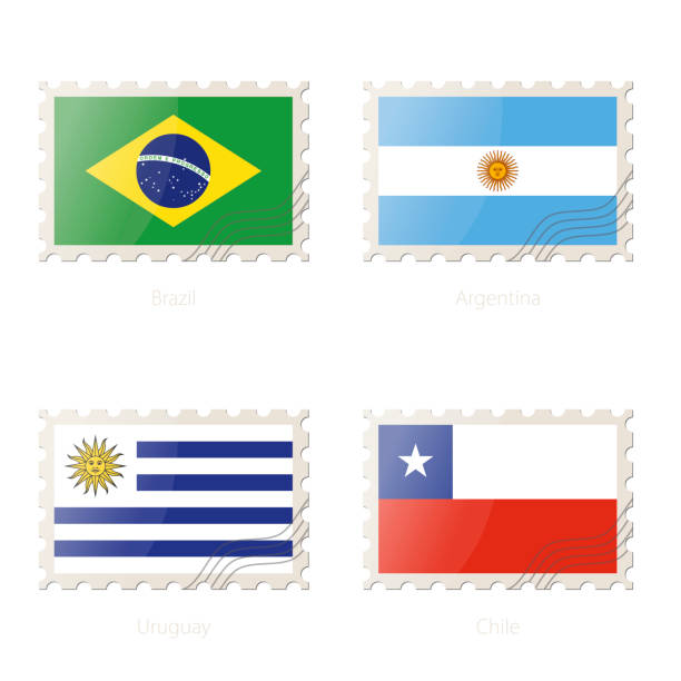 ilustrações, clipart, desenhos animados e ícones de selo postal com a imagem da bandeira do brasil, argentina, uruguai, chile. - red asia send mail