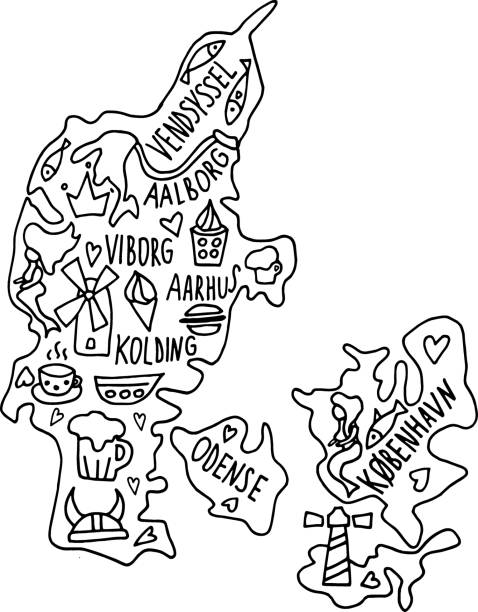 ilustraciones, imágenes clip art, dibujos animados e iconos de stock de doodle dibujado a mano mapa de dinamarca. ciudad danesa nombra letras y monumentos de dibujos animados, atracciones turísticas cliparts. - denmark map copenhagen cartography