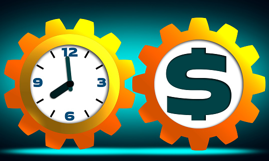 Time is money concept with clock, dollar with gears, 3d rendering