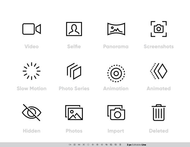 Media Files vector icon set. Camera And Photography set with Selfie, Panorama, Screenshots, Slow Motion, Photo, Series, Animation, Animated, Hidden Photos, Import and Delete Line icons for Photo App or Website. Media Files vector icon set. Camera And Photography set with Selfie, Panorama, Screenshots, Slow Motion, Photo, Series, Animation, Animated, Hidden Photos, Import and Delete Line icons for Photo App or Website. Perfect Pixel Editable outline set on white background. slow motion stock illustrations