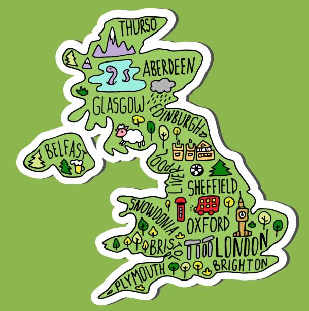 el çizilmiş doodle büyük britanya haritasırenkli etiket. i̇ngiltere şehir isimleri yazı ve karikatür yerler, turistik cliparts. - oxford oxfordshire stock illustrations