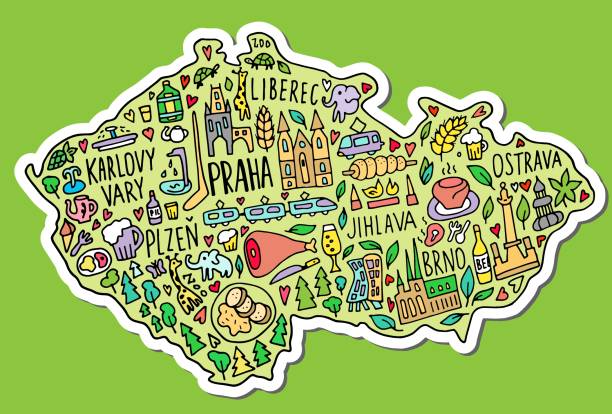 Colored Sticker of funny Hand drawn doodle Czech Republic map. Czech city names lettering and cartoon landmarks, tourist attractions cliparts. travel, trip comic infographic poster, banner concept design. Colored Sticker of Hand drawn doodle Czech Republic map. Thick white stroke with shadow. Czech city names lettering and cartoon landmarks, travel, trip comic infographic poster, banner concept design. Praha, Karlovy Vary, zoo, train pilsen stock illustrations