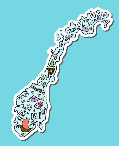 illustrazioni stock, clip art, cartoni animati e icone di tendenza di adesivo colorato di doodle disegnato a mano norvegia mappa. nomi di città norvegesi lettering e punti di riferimento dei cartoni animati, attrazioni turistiche cliparts. viaggio, poster infografico comico di viaggio. - map of norway