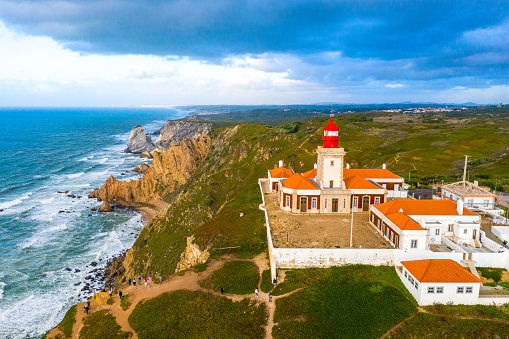 Cape Roca at Sintra Natural Park oceanfront - aerial view - aerial drone footage