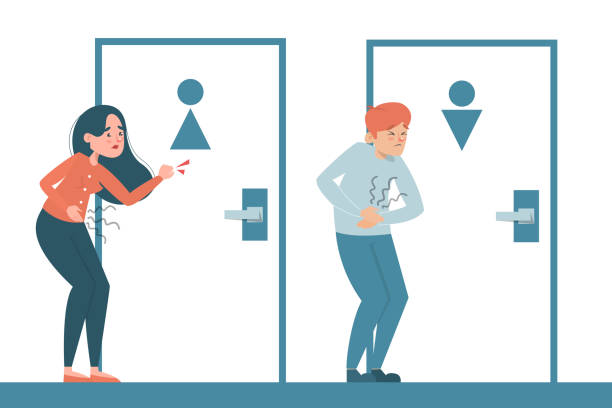 People with a diarrhea waiting at the toilet door People with a diarrhea waiting at the toilet door vector isolated. Man and woman with pain in stomach. Belly disease. Person needs to get to the toilet. stomach ache illustrations stock illustrations