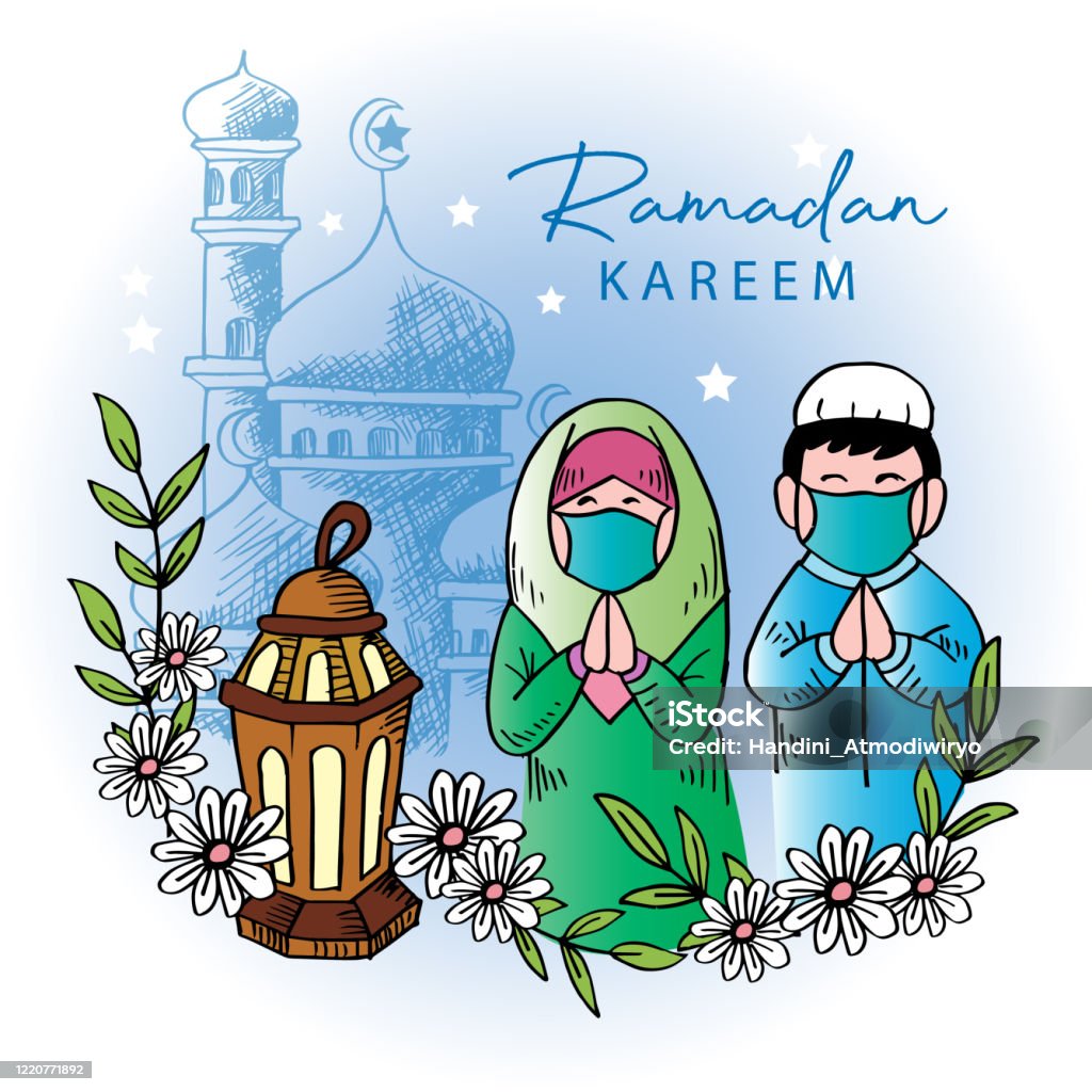 Ramadan Kareem Greeting Card With Cute Boy And Girl Muslim Stock ...